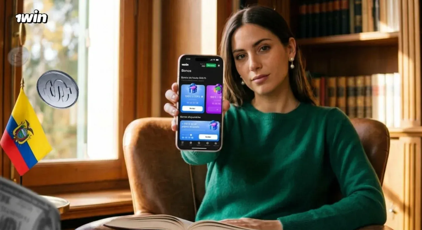 Mujer en una biblioteca muestra la sección de bonos de 1win en su celular junto a la bandera de Ecuador